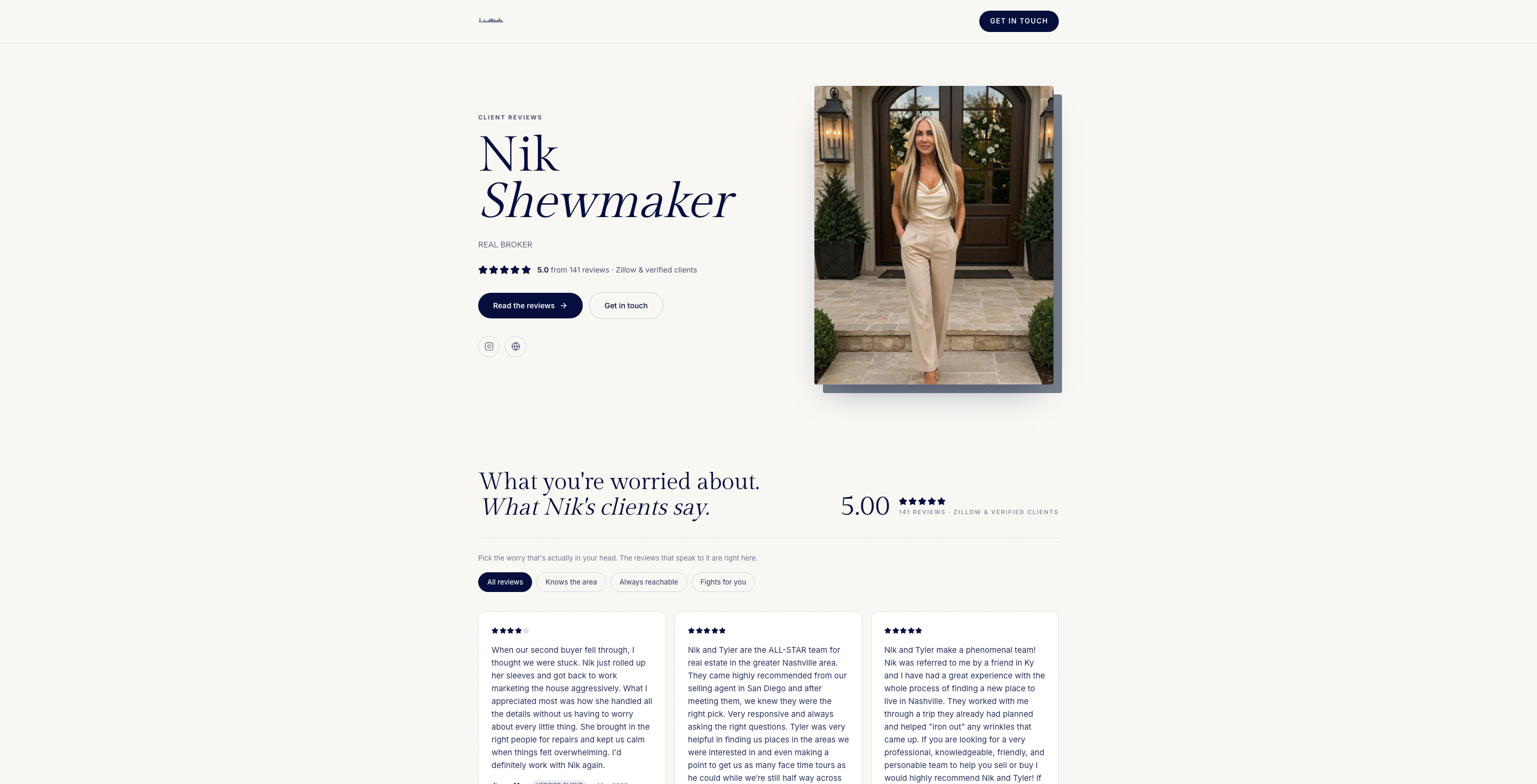 Branded Review Sites: a real agent reviews page with stars and contact CTAs